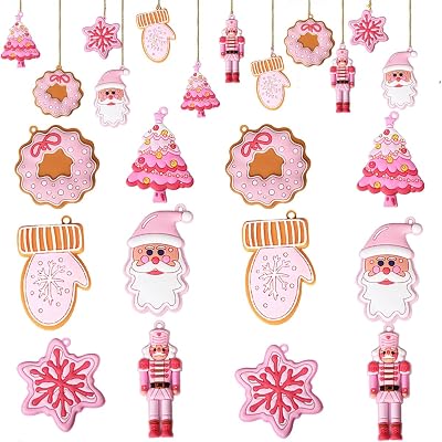 Pink Hanging Ornaments - Christmas Snowman, Santa Claus, Snowflake Designs - 12 Pieces