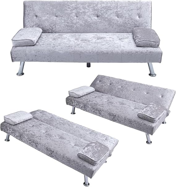 CROWNSHOP Convertible Sofa Bed Modern Upholstered Couch with Adjustable Backrest & Metal Legs Sofas for Living Room Guest Room or Spare Room (Velvet Grey)