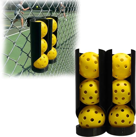 Pickleball Fence Ball Holder, Double Barrel Pickleball Ball Dispenser with Hook, Portable Court Fence Pickleball Holder, Holds 6 Balls, Durable & Weather Resistant