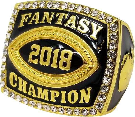 Decade Awards 2018 Gold Fantasy Football Champion Ring with Rhinestone Border | Heavy FFL League Champ Ring with Stand