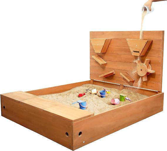 Jugader Kids Sandbox with Cover, Sand Wall, Bottom Liner, Seat, Wooden Sand Box Outdoor