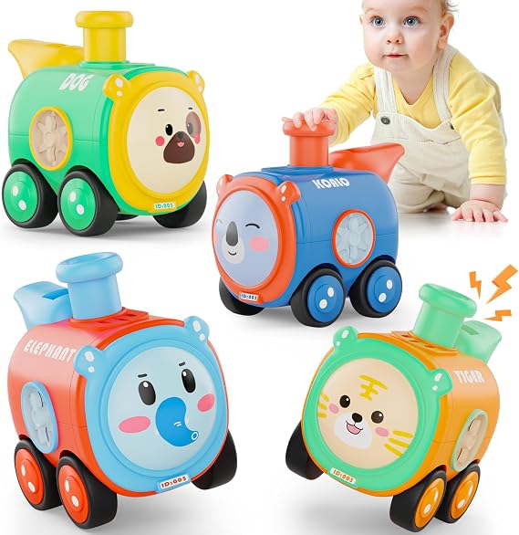 Keamaidy Baby Train Car Toys for Toddler 1-3, 4PCS Press to Go Push Car, Infant Play Whistle Vehicle Toy Set for 12-18 Months, 1st Birthday Christmas Easter Gifts for 1-2 Years Old Boys
