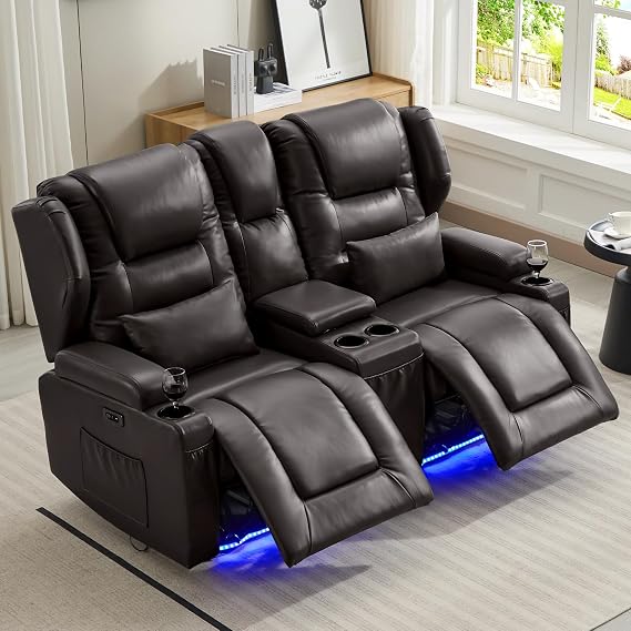SAMERY Wall Hugger Electric 2 Seater Recliner Sofa, Compact Faux Leather Electric Recliner Armchair Reclining Sofa Chairs with Console, Cup Holders, USB Type-C Ports for Living Room (Brown, 2 Seater) | Wall Hugger 1" Gap, Independent Recline, Compact 2-Seater, Console Cup & USB, Fits 23" Doors, Durable Frame 350lbs