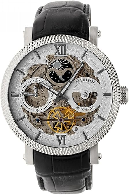 HERITOR Aries Automatic Watch for Men 43mm Men's Skeleton Watch with Jeweled Automatic Movement, Moon Phase, Dual Time Zone, Stainless Steel Bracelet, Sapphire-Coated Mineral Crystal (HERHR4401)