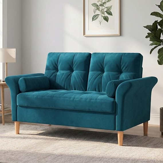 Compact 2 Seater Fabric Sofa with Tufted Back, Blue