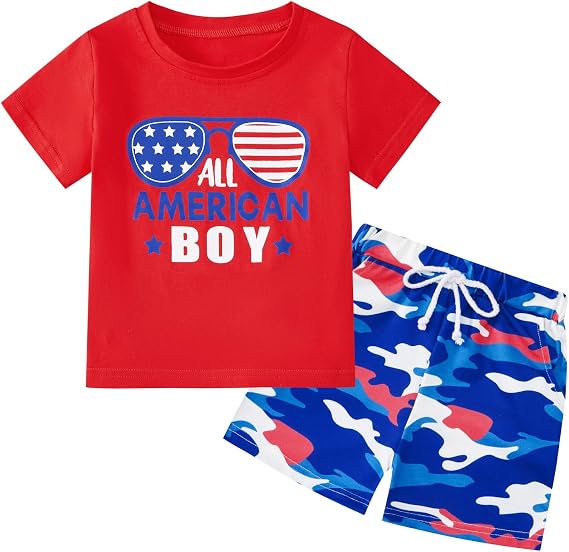 Toddler Boy 4th of July Outfits Short Sleeve T-Shirt Tops and Shorts 2Pcs Summer Outfit Clothes Set for Boys 1-5T