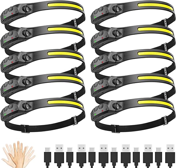 New LED Headlamp Rechargeable, 230 Wide Beam Head Lamp for Forehead, 6Mode Hard Hat Light for Adults, Flashlight for Work, Hiking, Running, Camping Essentials Gear, Gifts for Men (10Pack)