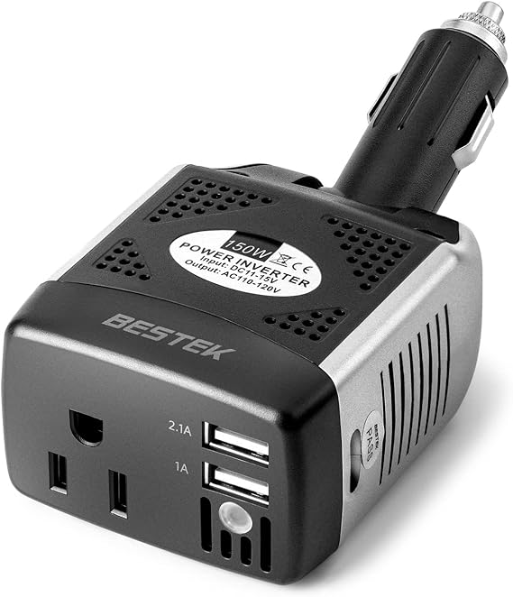 BESTEK 150W Power Inverter 12V to 110V, 3.1A Dual USB Car Charger | Dual Charging Ports,Voltage Converter,Power Adapter,Rotatable Plug,Safety Protection,Road Trip,Camping
