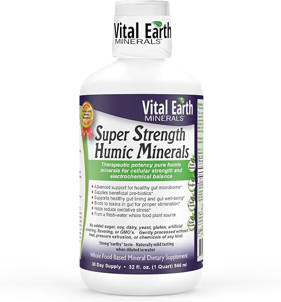 Vital Earth Minerals Super Strength Humic Minerals Fulvic Acid Supplement with 70+ Trace Minerals, Electrolytes for Detox & Digestion, 32 Oz + 1 Oz Cup