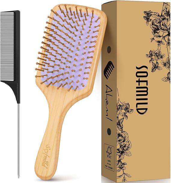 Hair Brush - Bamboo Wooden Paddle Brush, Massage Scalp Healthy Hair Growth | Plastic-free Eco-Friendly Natural Hairbrush for Women Men Kids for Curly Thick Thin Wet & Dry Hair, Minimise Frizz & Breakage