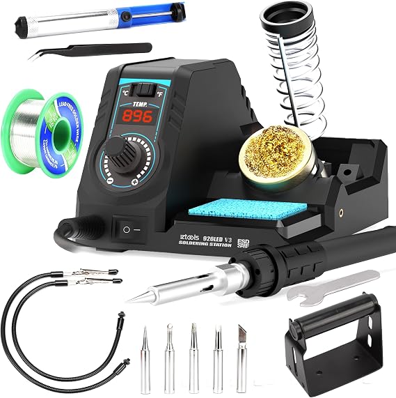 926LED V3 Entry-Level 60W Soldering Station Iron Kit in Black with Temperature Control includes Helping Hands, Lead-Free Solder, 6 Soldering Tips, ESD-Safe Tweezers, Sleep Mode