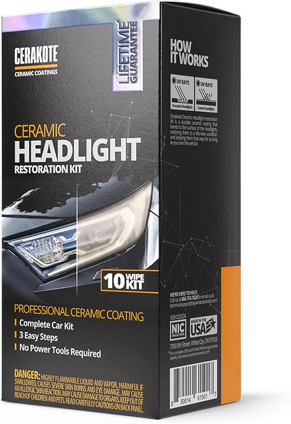 CERAKOTE Ceramic Headlight Restoration Kit, No Power Tools, 10 Wipe Kit | Restores clouded, yellowed headlights, ceramic UV protection, 3-step wipe system, no power tools needed