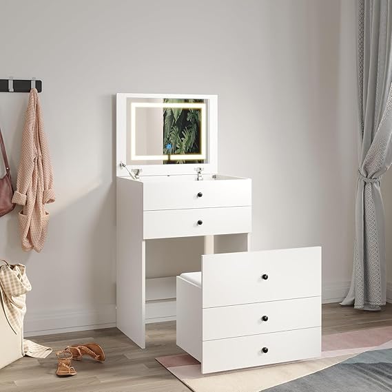 Dressing Table Set with Flip Up Mirror and LED Lights, Small Makeup Table with Dimming & 3 Color Modes,White Modern Vanity Table with 4 Drawers and Cushioned Stool for Bedroom
