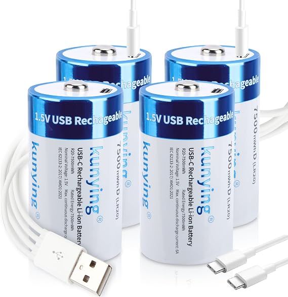 4 Pack Rechargeable D Batteries 1.5V 7500mAh Lithium, Long Lasting High Capacity D Cell Batteries with 4-in-1 Fast USB-C Charging Cable for Solar Lights, Floodlights, Toys & Emergency Devices