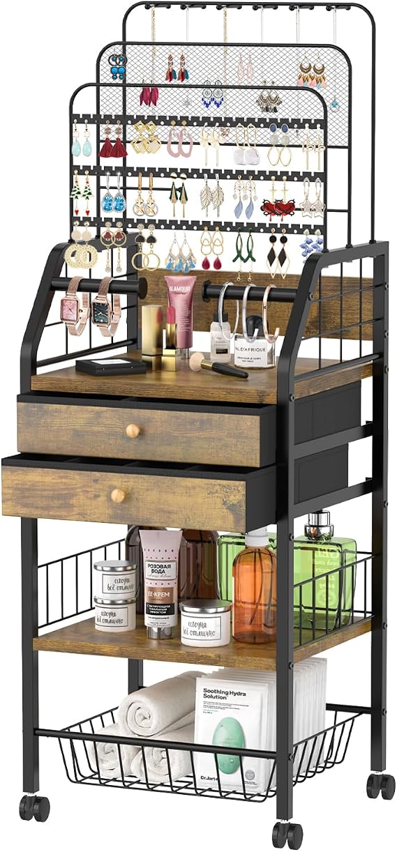 iDavosic.ly Large Jewelry Holder Organizer with 2 Box Drawer, Black Brown