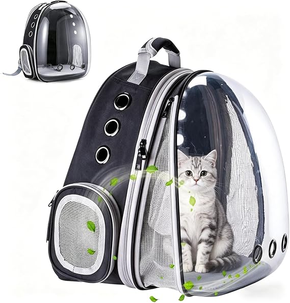 Cat Carrier Backpack, Expandable Cat Carrier Backpack, Ventilated Cat Bubble Backpack for Pet, Pet Carrier for Travel Hiking Walking Camping (Black, Front Extension)