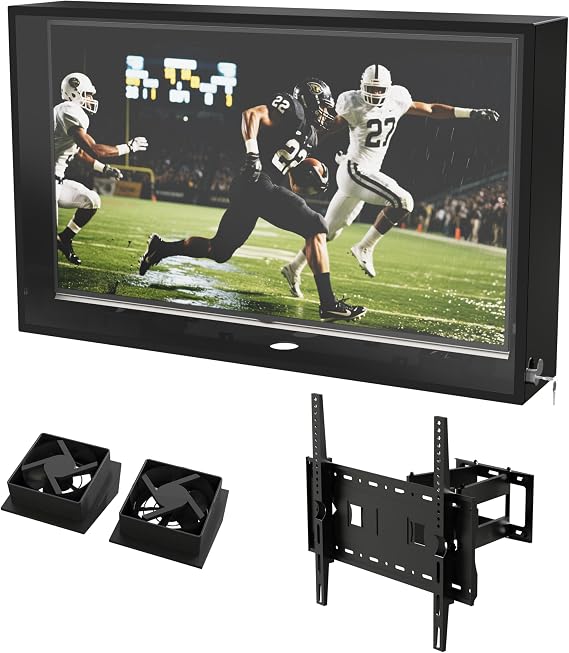 40-43 inch Clear Weatherproof Outdoor TV Cover, Clear Dust Resistant, Durable and Hard Television Enclosure for Outside with lock, Cooling Fans and Adjustable TV Mount Included