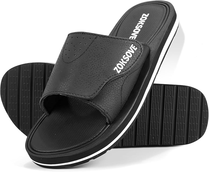 ZOKSOVE Slides for Men - Adjustable Slide Sandals Slip On- Open Toe Memory Foam Beach Sandals - Comfortable Summer Footwear for indoor/outdoor