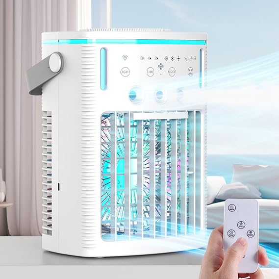 Portable Air Conditioner Cooling Fan with 3 Speeds &3 Modes 2-8H Timer 1000ml Water Tank Remote Control 4 in 1 Humidifier Air Conditioner Fan Night Light Evaporative Air Cooler for Home Office