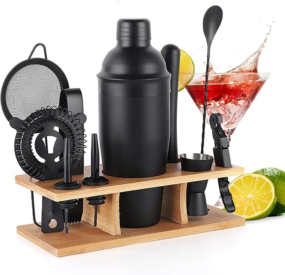 Bartender Kit - 11-Piece Cocktail Shaker & Muddler Set with Bamboo Stand - 25oz Boston Shaker - Includes Recipe Booklet
