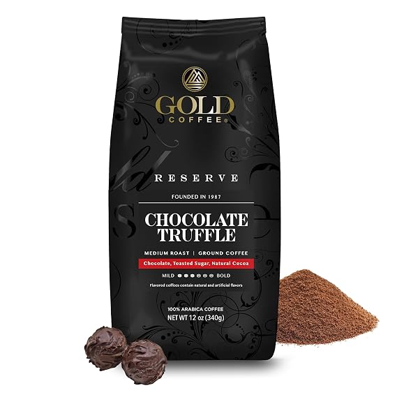 Gold Coffee Co. Chocolate Truffle, Flavored Coffee, Finely Ground 100% Arabica Coffee - Chocolate, Toasted Sugar, Natural Cocoa, 12 oz.