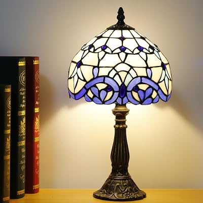 Small Tiffany Lamp Stained Glass Desk Lamp Vintage Tiffany Bedside Table Lamp for Home Living Room Bedroom Nightstand 8X15 Inch White Baroque Style