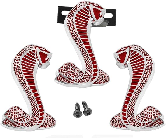 Mustang Cobra Snakes Chrome Red Fender & Grille Emblems