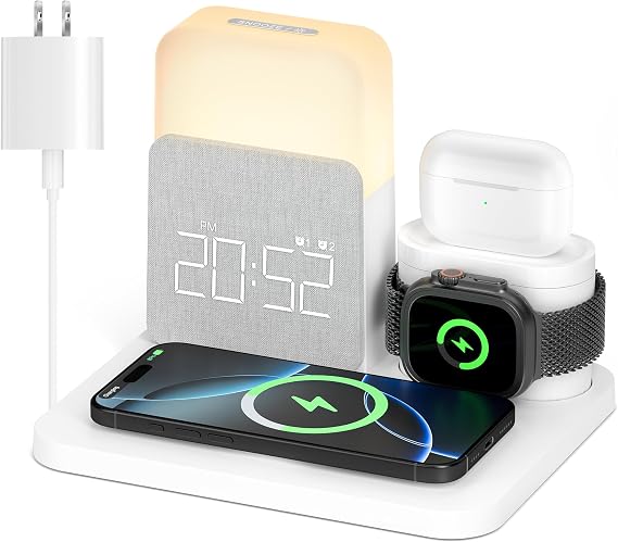 Alarm Clock with Wireless Charger for Bedrooms, 6 in 1 Wireless Charging Station, Magnetic Charger with Night Light Bedside Clock for iPhone 16 15 14 13 12 Pro Max, Apple Watch, AirPods