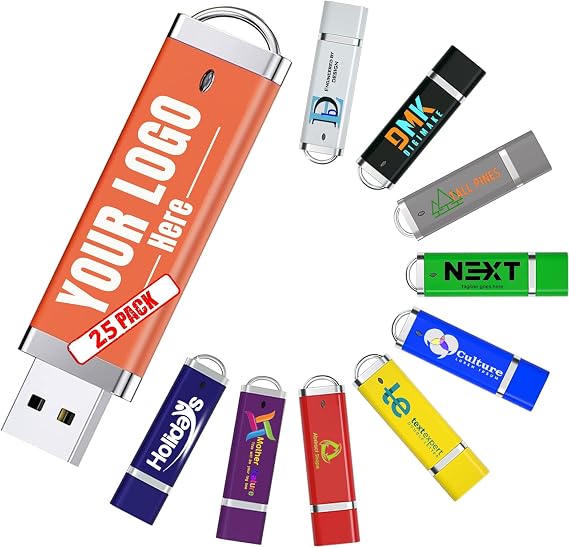 Custom USB Flash Drive 4GB 25 Pack Customized Thumb Drive Customizable USB Drive Logo Print FEWINA Branding with Personalized USB Stick (25 Pack,10 Color Options)