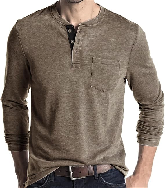 Henley Long Sleeve Shirt for Men Lightweight Casual 3 Button Tees Tops Cotton Classic Work Blend T-Shirts with Pocket
