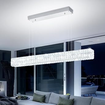 Dimmable Led Crystal Ring Chandelier for Dining Room, Modern Rectangle Crystal Pendant Lighting Kitchen Island,47.2in Linear Chandelier Hanging Light Over Table