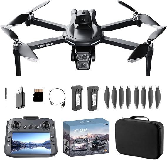GPS Drone with HD Dual Camera, Brushless Motor & 5 Inch Screen Remote, EIS Anti-Shake Gimbal, Obstacle Avoidance & Optical Flow Positioning, under 250g Lightweight XT606 FPV Drone for Beginners Adults