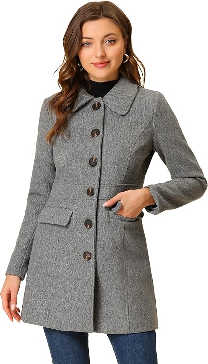 Allegra K Women Winter Peter Pan Collar Button Front Overcoat | Full Lined. Flap Pockets. Buttoned Closure. Daily Wear, Work, Coffee Shop, Weekend, Outdoor, Office