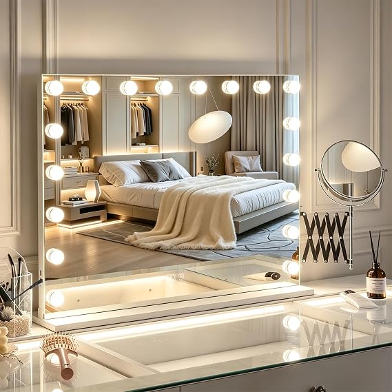 VANITII Vanity Mirror with Lights and 18 Blubs Lights 32"* 23" Large Makeup Hollywood Mirror with 3X Magnifying Mirror Dimmable 3 Modes Light for Bedroom Desktop