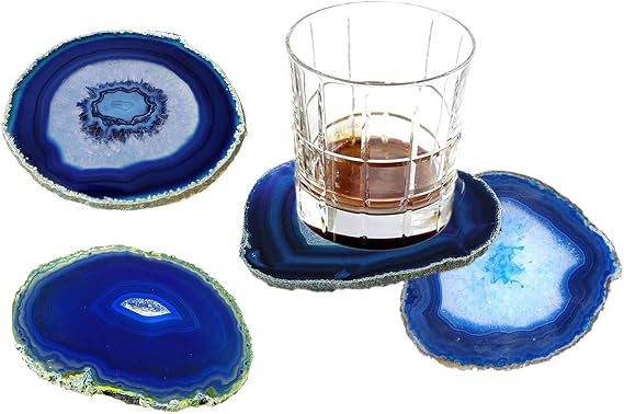 AMOYSTONE Blue Agate Coasters Stone Drink Coaster Set 4 for Dining Table