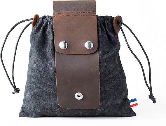 Waxed Canvas Foraging Pouch for Hiking, Collapsible Leather Belt Pouch Waist Bag with Drawstring & Buckle, Multi-Purpose Storage Bag for Outdoors Camping, Easy Looping Around Belts - Black