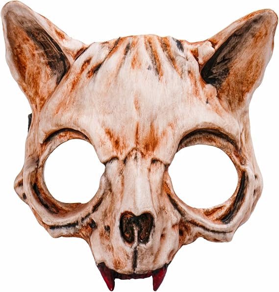 Realistic Animal Cat Vampire with Fangs Scary Creepy Halloween Cat Skull Skeleton Full Face Cosplay Masquerade Mask for Adults - Flesh Bone Color