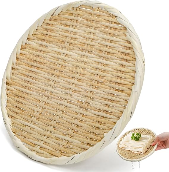Bamboo Basket Colander, 8.3" Round Small Bamboo Sieve Washing Strainer, Hand Weave Plate Holder for Kitchen, Wicker Pantry Storage Tray for Fruit Vegetable Bread Snack Zaru