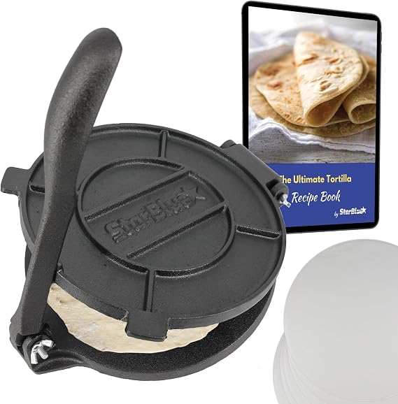 8 Inch Cast Iron Tortilla Press by StarBlue with FREE 100 Pieces Oil Paper and Recipes e-book - Tool to make Indian style Chapati, Flour Tortilla, Roti