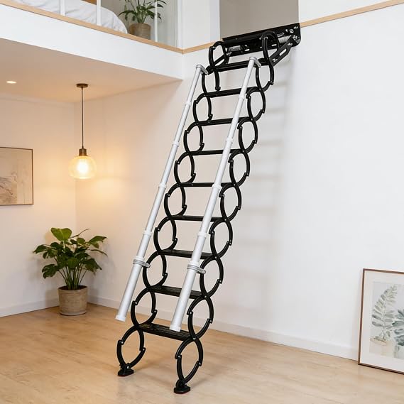9FT Wall Mounted Retractable Attic Stairs, 11 Steps Folding Loft Ladder with Handrails, Heavy Duty Pull Down Attic Ladder, Up to 660 Lbs,Telescoping Ladder for Indoor, (Black, 11 Steps)