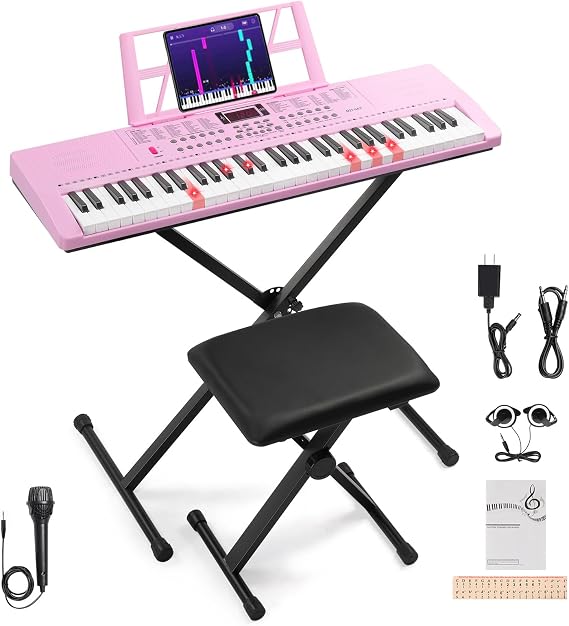 Ktaxon 61 Key Keyboard Piano Keyboard|Electric Piano Keyboard for Beginners | 200 Timbres, 200 Rhythms & 60 Demos| Includes Stand, Stool, Headphones, Microphone, Note Stickers,Music Holder(X Stand-Pink)