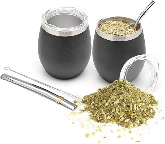 BALIBETOV Modern Mate Cup and Bombilla Set (Yerba Mate Cup) -Yerba Mate Set Includes Double Walled 18/8 Stainless Steel Mate Tea Cup, Two Bombilla Mate (Straw) and a Cleaning Brush (Black)