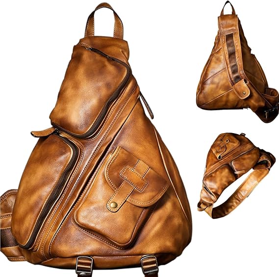 Soft Leather Outdoor Casual Travel Hiking Riding Crossbody Chest Daypack Sling Bag One Shoulder Strap Backpack Men(Brown)