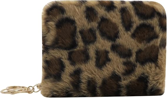 Women Furry Coin Purse Credit Card Holder Cute Leopard Fuzzy Plush Zipper Wallet Pouch with Key Ring Clip
