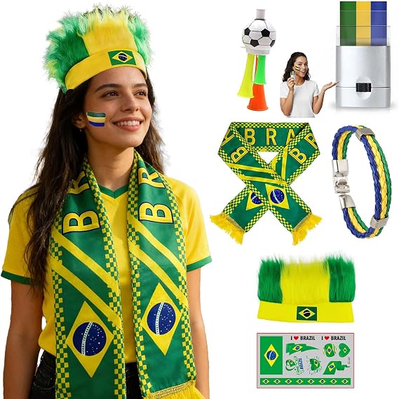 2026 Brazil Fan Kit - Face Paint Sticks, Flag Scarf, Hairy Headband, Wristband, Soccer Horns, Temporary Tattoo for Soccer, Football, Rugby, Baseball, Game Day, Watch Parties & National Celebrations