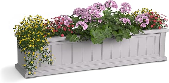 Mayne Cape Cod 4ft Window Box - White - 48in L x 11in W x 10.8in H - Polyethylene - Built-in Water Reservoir (4841-W) | Self-watering, All season, Fade resistant, Mounting brackets included, Built-in overflow,
