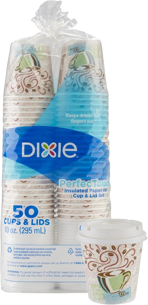 Dixie PerfecTouch Paper Hot Cups and Lids Combo, 10 oz, Multicolor, 50 Cups/Lids/Pack