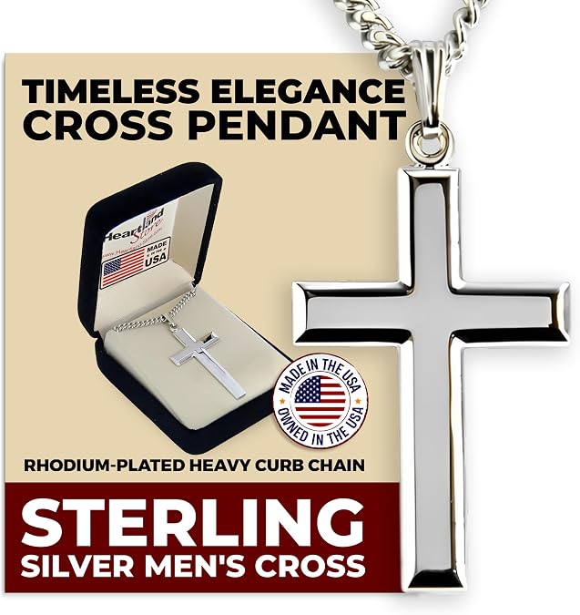 Heartland Store Sterling Silver Men's Cross Necklace - Made in USA, High Polish Pendant for Daily Wear and Meaningful Religious Present for Holidays and Special Occasions with Various Chain Sizes