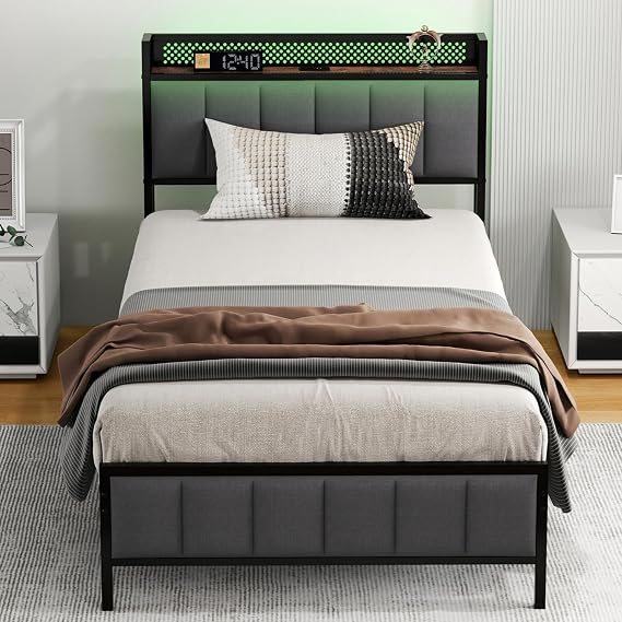 Levede Single Bed Frame 90 x 200 cm with LED Lights & Charging Station, Upholstered Bed Frame with Storage Headboard, USB & Type-C Ports, Linen Platform Bed with Reinforced Metal Frame, Grey
