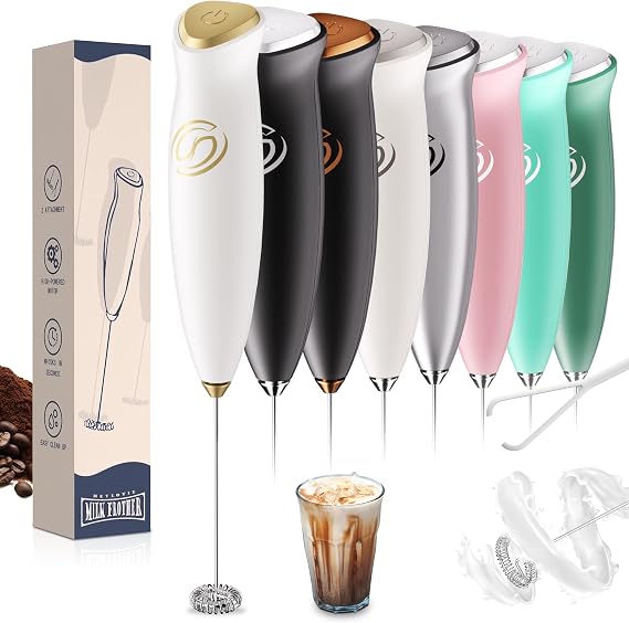 Milk Frother Handheld Frother Wand Drink Mixer Handheld Coffee Stirrers Electric Frother for Coffee Mixer Wand with 2 Whisk frother for protein powder coffee frother handheld-White/Gold